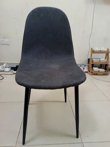 4 Used grey upholstered dining/desk chair with metal legs 5 aed each