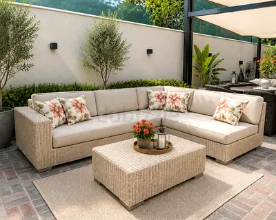 Ambar Furnitire Modern Rattan Style L-Shaped Outdoor Sofa Set with Coffee Table