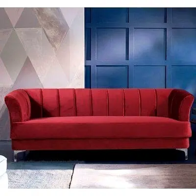 Modern Red Velvet Sofa with Vertical Channel Tufting