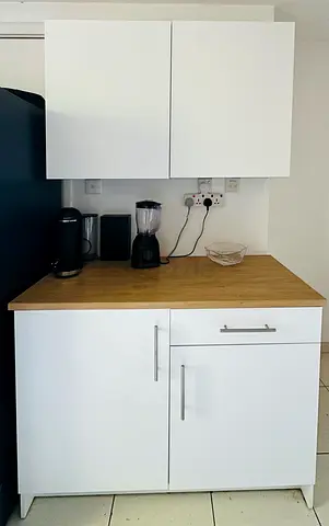 White Kitchen Base and Wall Cabinet Set with Wooden Countertop