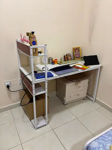 White Metal Study Desk with Side Shelves - Compact Home Office Desk