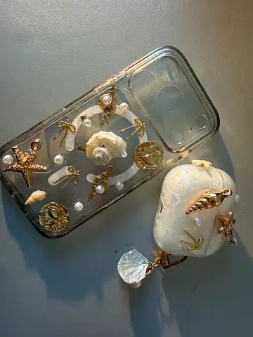 Handmade seashell-decor iPhone case and AirPods case