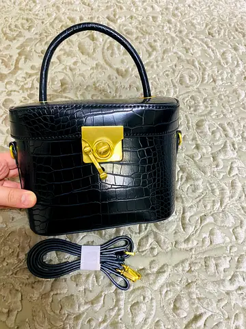 Black Croc-Embossed Structured Handbag with Gold Hardware