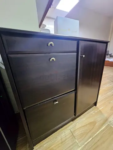 Dark Brown Wooden Hallway Shoe Cabinet with Drawers and Cupboard