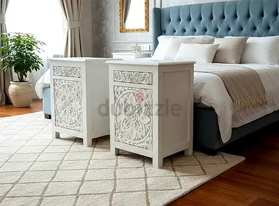 White Nightstands with Intricate Carvings