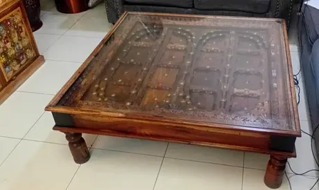 Solid Wood Table with Antique Carved Door Design and Glass Top
Size: 120 cm × 120 cm