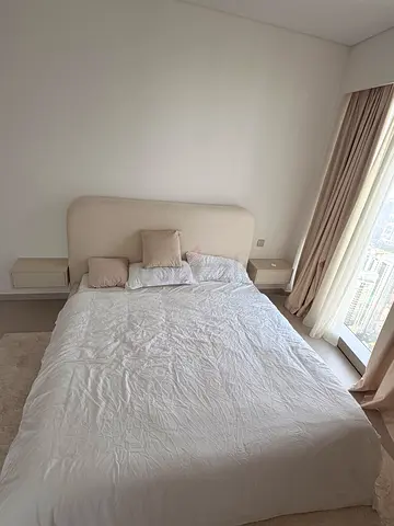 2x Minimalis Bed with Headboard and Side Drawers - Light Beige with mattraces  (200x180 and 200x160)