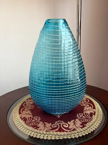 Blue Ribbed Glass Decorative Vase - Medium Size
