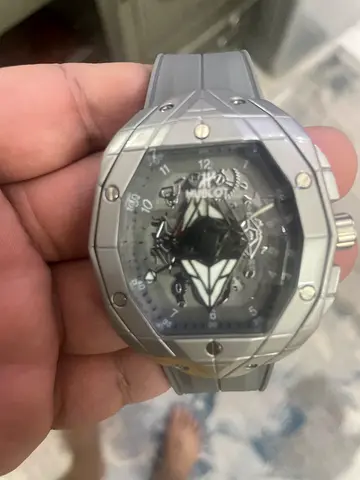 Hublot Mens grey sports automatic watch with skeleton dial