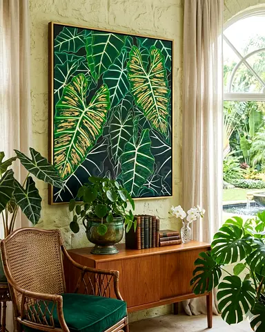 Original Large Tropical Leaf Wall Painting “Close Enough” - Acrylic on Canvas
