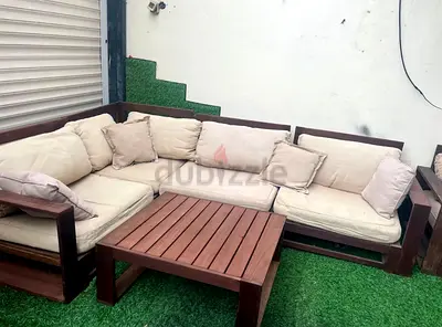 Solid Wood Outdoor L-Shaped Sofa Set with Cushions and Coffee Table