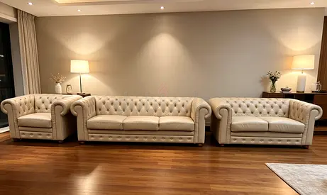 Beige Chesterfield Sofa Set - 3-Seater + 2-Seater + Armchair, Good Condition