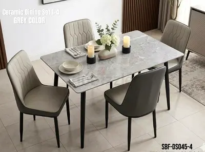 Modern Grey Ceramic 4-Seater Dining Table with Upholstered Chairs