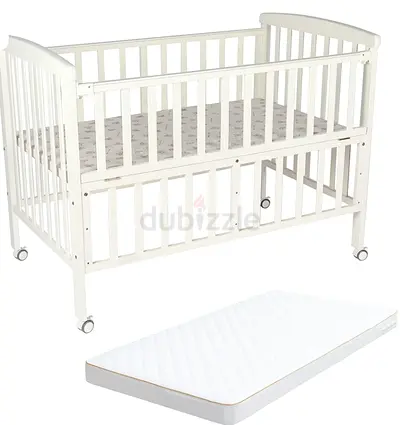 White Wooden Baby Crib with Mattress - Good Condition