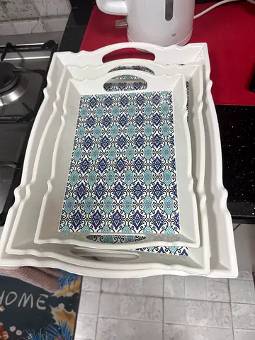 Set of 3 Decorative Serving Trays with Blue Patterned Inlay