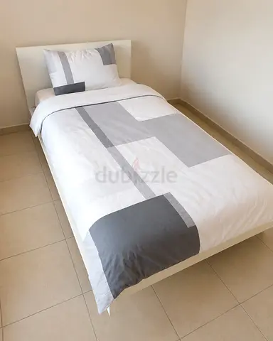 Single Bed with Headboard and Grey-White Bedding with Mattress (2 Quantities)