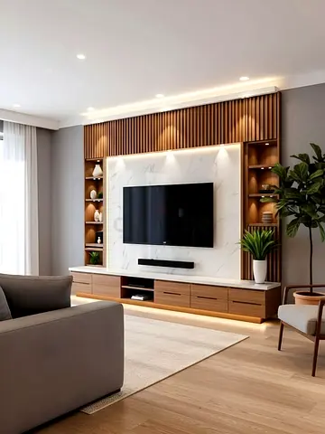 Modern wooden TV entertainment unit with shelving and marble back panel