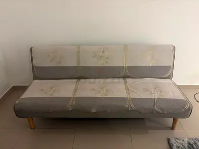 Convertible Sofa Bed / Futon - Light Grey Fabric, Good Condition