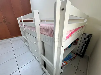 White Wooden Loft Bed with Built-in Drawers and Shelves — Good Condition