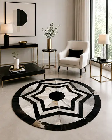 Round Black  White Star Pattern Cowhide Rug - Modern Living Room Accent