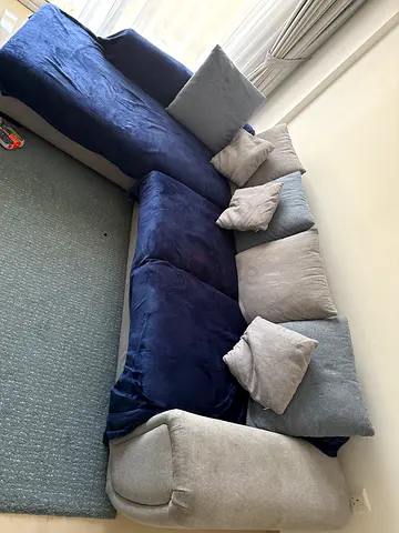 L-shaped 4-seater fabric sofa with chaise - light grey  navy