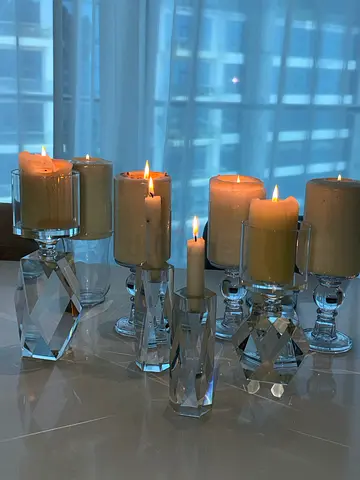 Set of Crystal Candle Holders with Pillar Candles - Elegant Table Centerpiece