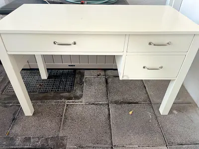 Pottery Barn White Wooden Desk with Three Drawers - Good Condition