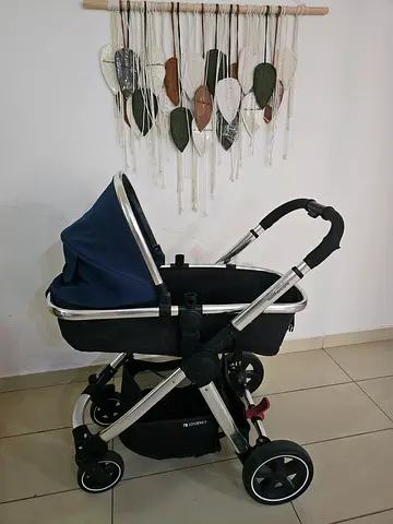 Silver-frame navy bassinet stroller (convertible pram) - good condition