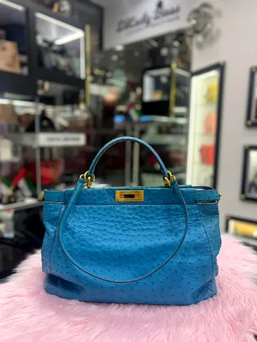 Fendi Blue Ostrich Leather Large Peekaboo Satchel Bag (Authentic/PreOwned)