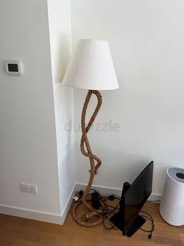 Rope-base floor lamp with white fabric shade - gently used