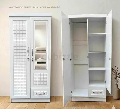 White Wood Dual Mode 2 Door Wardrobe with Mirror and Drawer