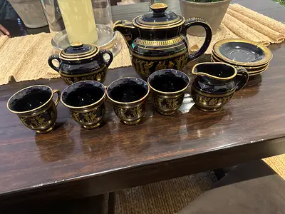 Vintage Black  Gold Porcelain Tea Set — 7-Piece (Teapot, Creamer, Sugar, 4 Cups and Saucers)