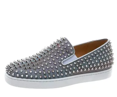 Authentic Christian Louboutin Metallic Silver Leather Roller Boat Spiked Slip On Sneakers Size 40