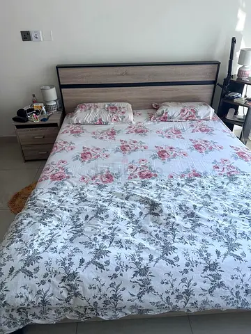 Queen wooden bed frame with headboard and bedside drawer - light oak
