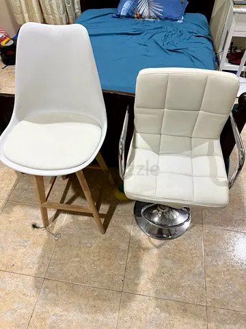 Two white bar/office chairs – adjustable swivel and wooden-leg bar stool, used