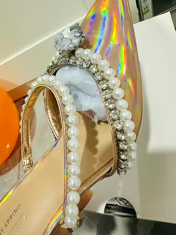 Holographic pointed heels with pearl  crystal straps, size unknown