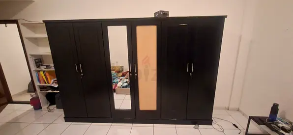 Large Black 6-Door Wardrobe with Mirrored Center Doors