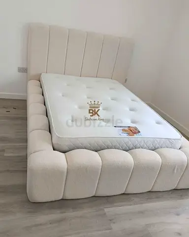 Beige Upholstered Double Bed Frame with Headboard