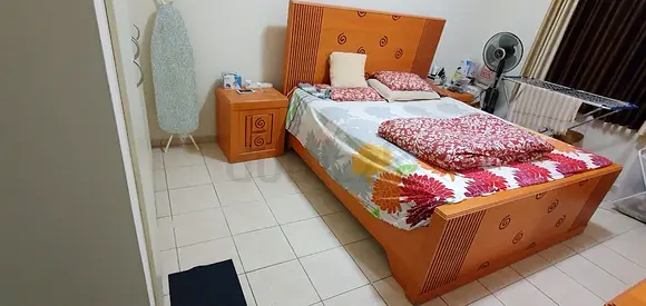 King size storage type bed set with mattress, two side stools, chest of drawers and dresser
