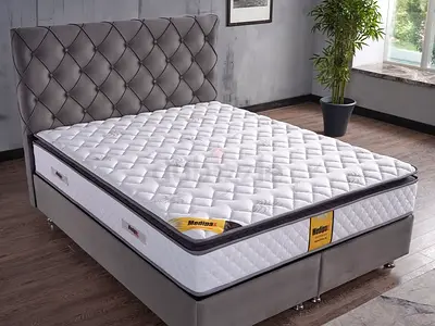 Queen size upholstered bed frame with mattress - grey