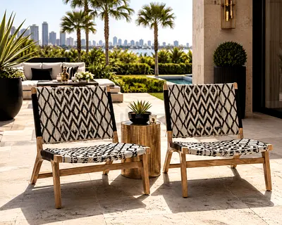 Rattan House Pair of Outdoor Lounge Chairs with Geometric Woven Seats