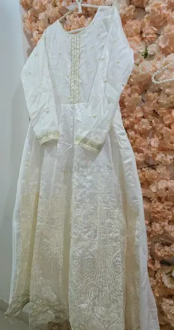 Long white modest dress / white and cream embroidered maxi with cancan