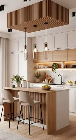 Modern wooden kitchen island with pendant lights