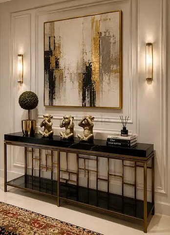 Elegant Modern Console Table with Black Marble Top and Brass Frame from Mood Store