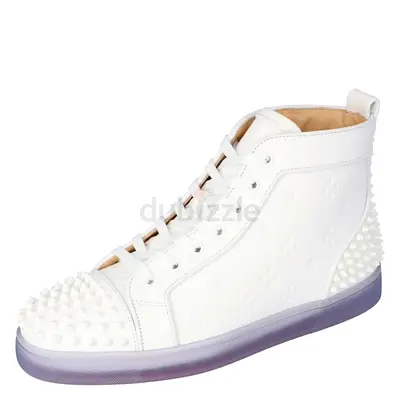 Authentic Christian Louboutin White Embossed LoubinTheSky Leather Lou Spikes 2 High Top Sneakers 45