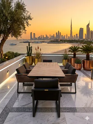 Higold Brand Modern Outdoor Dining Set with Wood Top Table and Six Chairs from Suncoast