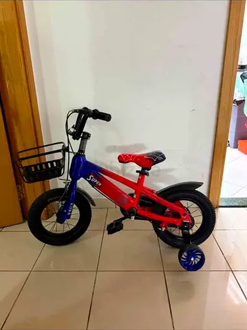 Blue and Red Kids Bicycle with Training Wheels and Front Basket
