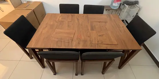 Dining Table Set Modern Wooden with 6 Black Fabric Chairs