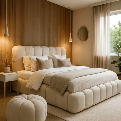 Modern Upholstered Bubble Bed with Matching Ottoman
