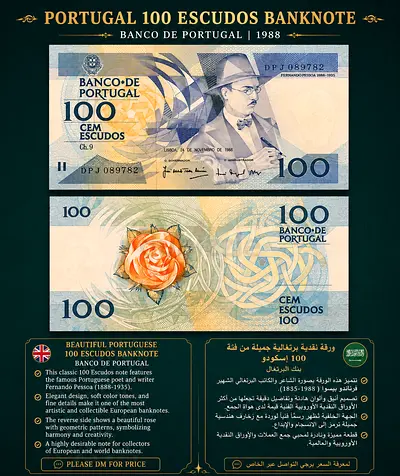 Portugal 100 Escudos 1988 Banknote - Collectible Displayed Sheet